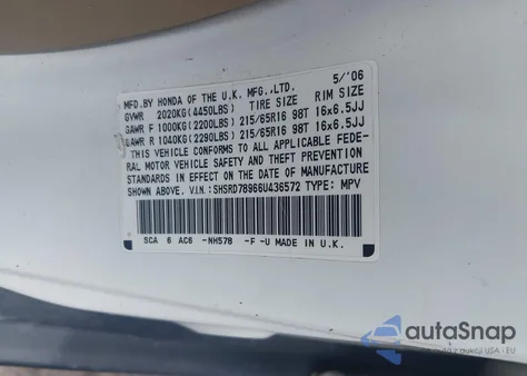 2006 Honda Cr-V Se из США, поврежденный, VIN SHSRD789664436572